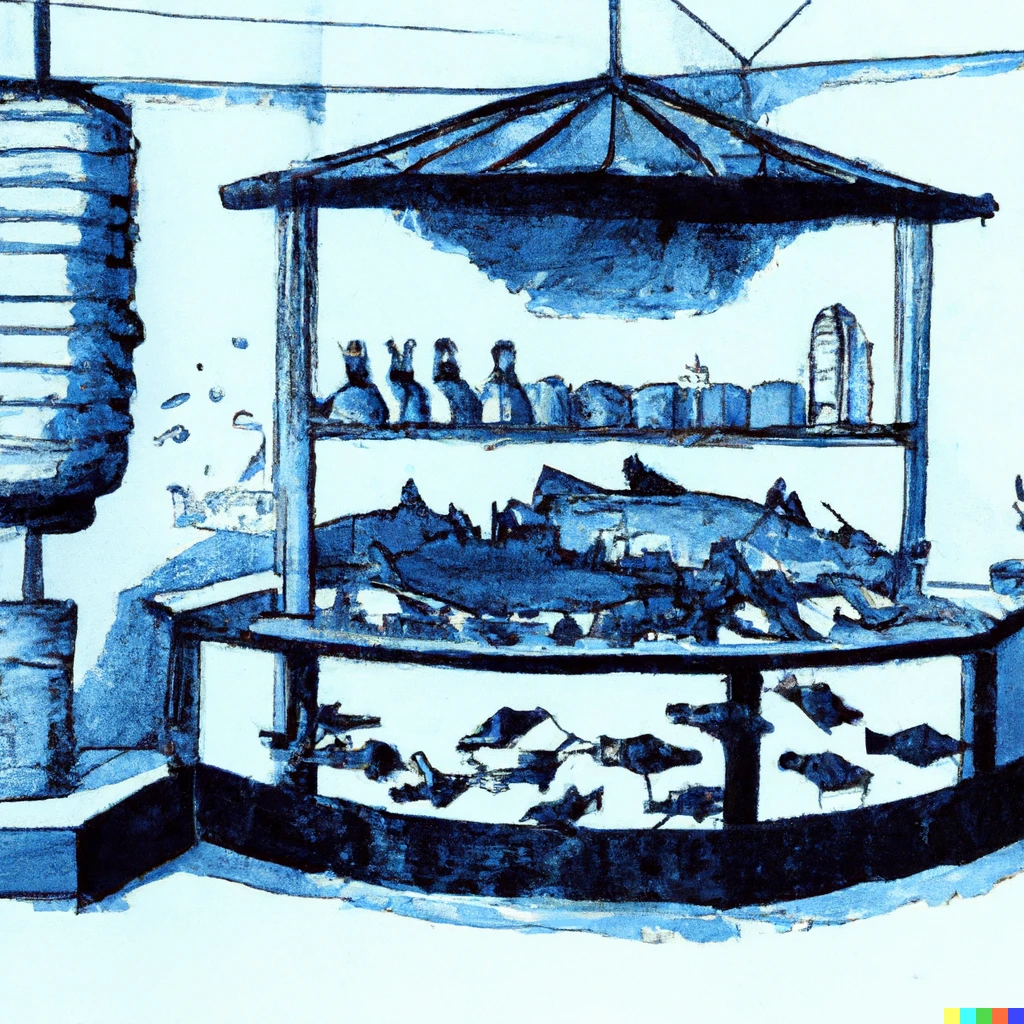 Prompt: a blue ink drawing of a sushi bar with live fish