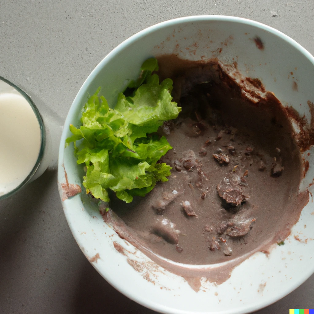 Prompt: cat food, lettuce and chocolate sauce in a bowl of milk