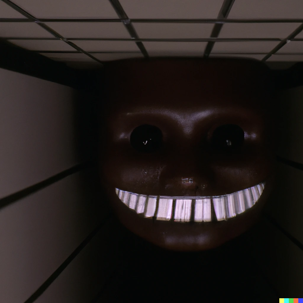 Prompt: humanoid entity with unnatural smile, it has huge teeth and is staring at the camera from the end of a dark hallway. caught on vhs