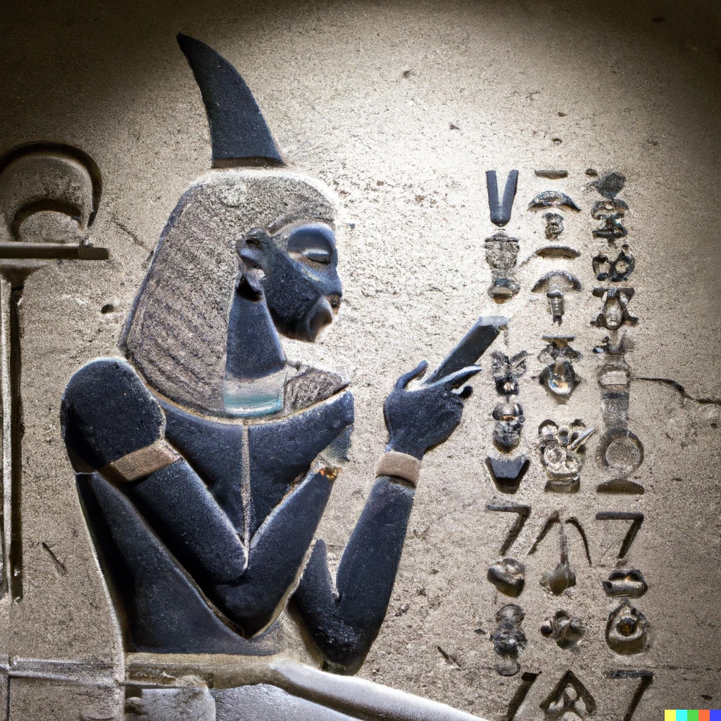 Prompt: A Egyptian God using a smartphone, hieroglyphic wall painting