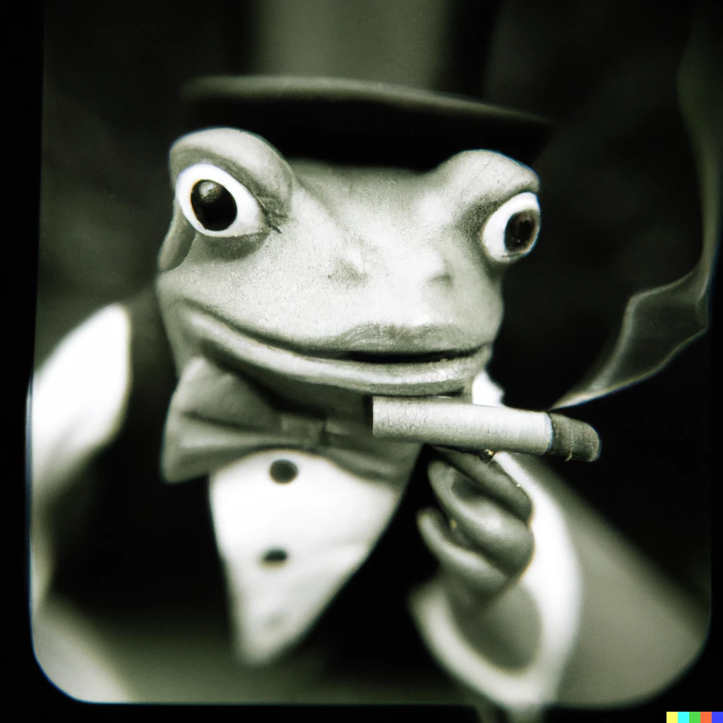 Prompt: Green Frog wearing a tuxedo and a top hat, smoking a cigar, on 120 film, Holga style