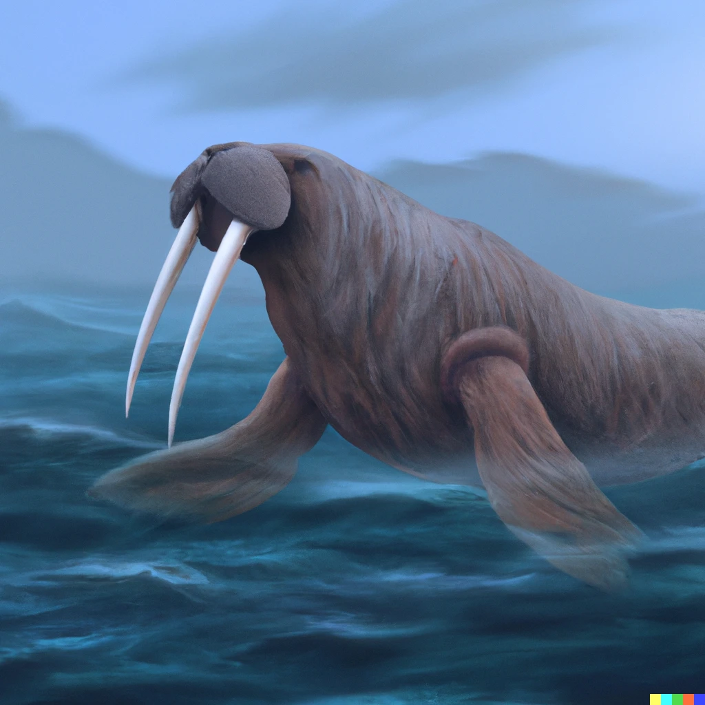 Prompt: Gray Walrus heading for  hunting, digital art
