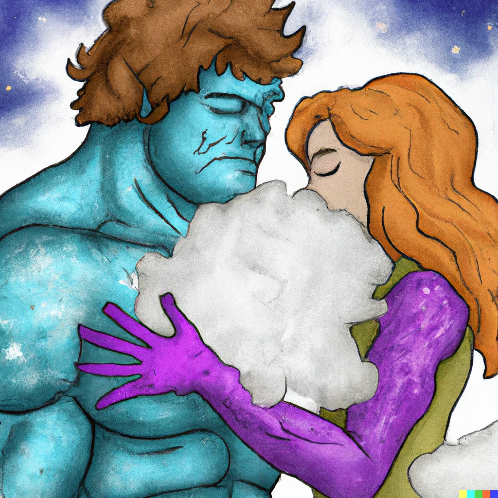 Prompt: Thgiantcloudor, a giant nebula super hero and his love Mary Janet, realistic