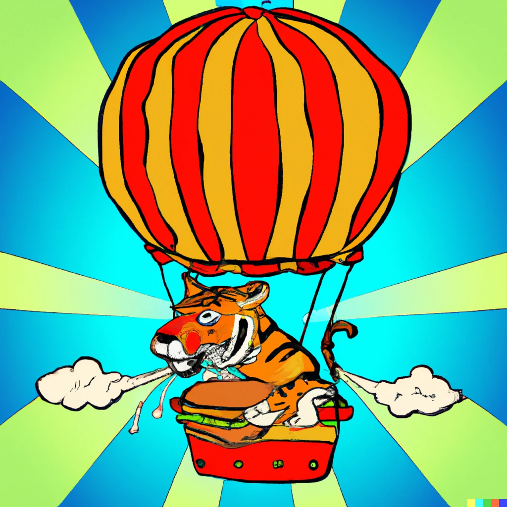 Prompt: A Tiger eating a cheeseburger in a hot air balloon 
