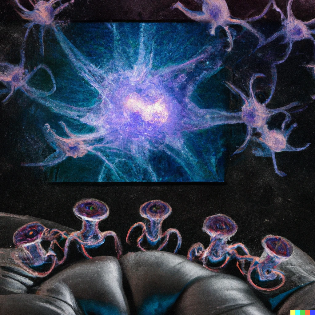 Prompt: antropomorphic neurons watching watching reality TV using a small Nebula projector