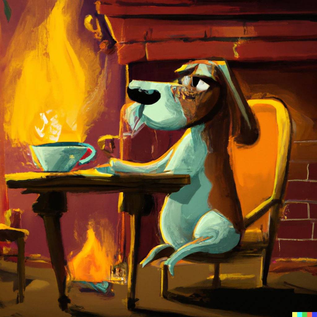 Prompt: cartoon dog drinking coffee at a small table with fire all around him, digital art