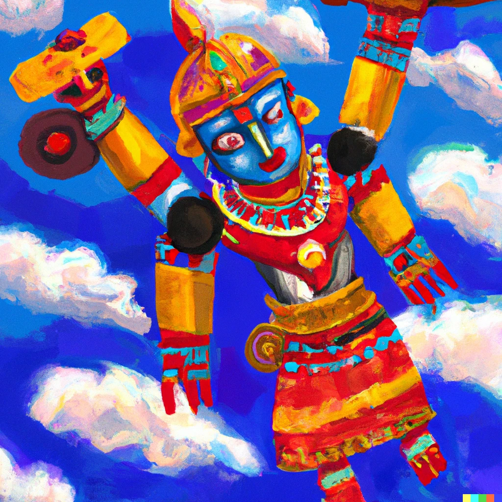 Prompt: Indian painting style, robot flying in the sky