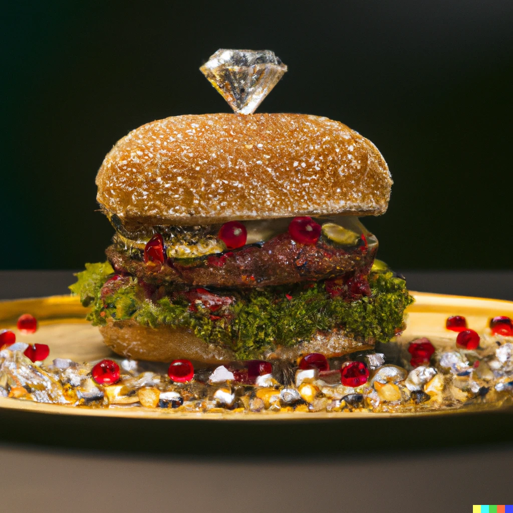 Prompt: american burger made of diamonds served in a golden plate