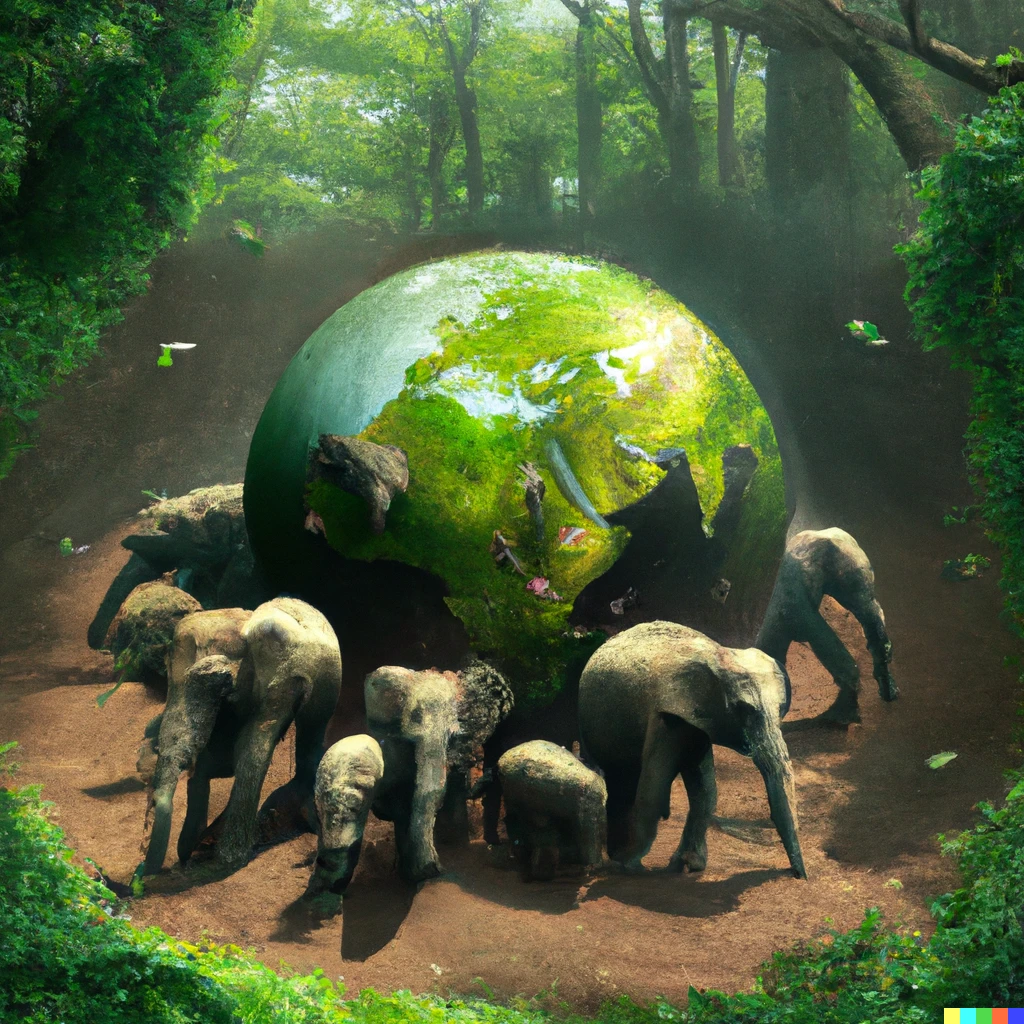 Prompt: Elephants in a tropical forest carrying a green planet earth on their backs that is populated by happy humans, digital art