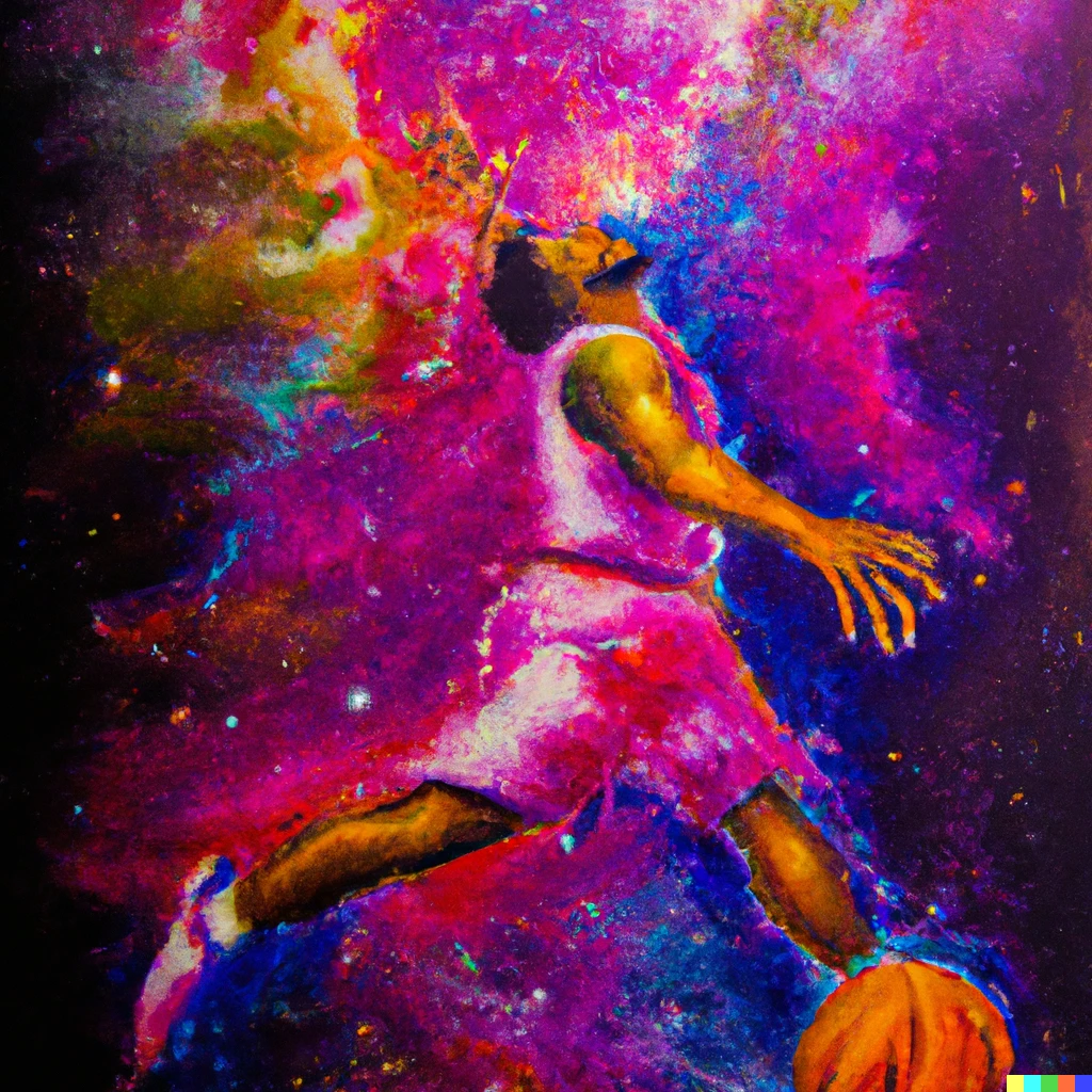 Prompt: An expressive oil painting of a basketball player dunking, depicted as an explosion of a nebula