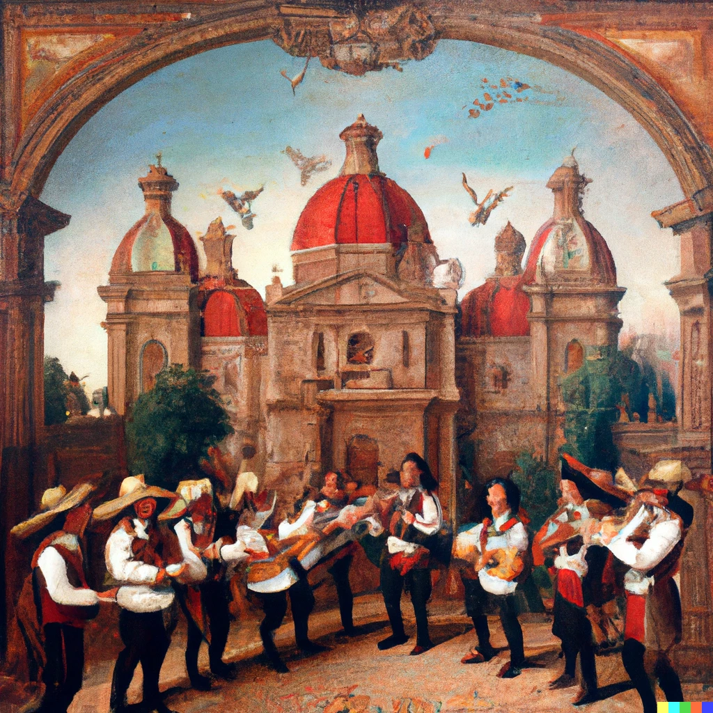 Prompt: Painting of 6 Mariachis playing their instruments with the Mexican national palace as backdrop painted by Leonardo Da Vinci