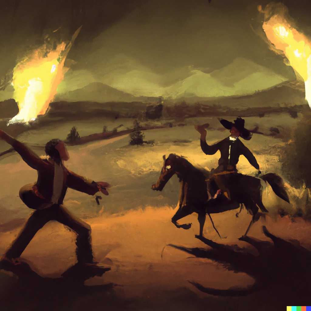Prompt: a wild west duel where people are fighting for status, digital art, surreal