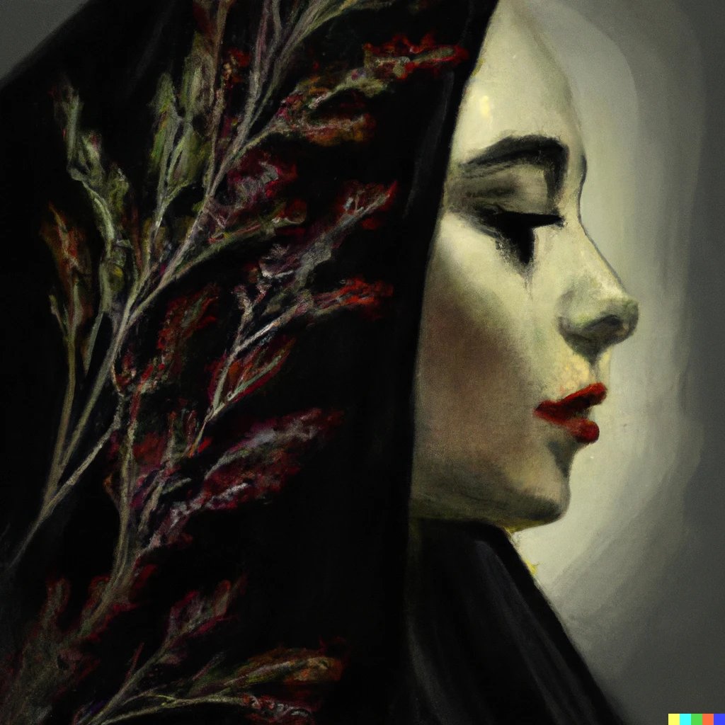 Prompt: a painted portrait of a woman dressed in a black veil and a crown of withered flowers concept art style