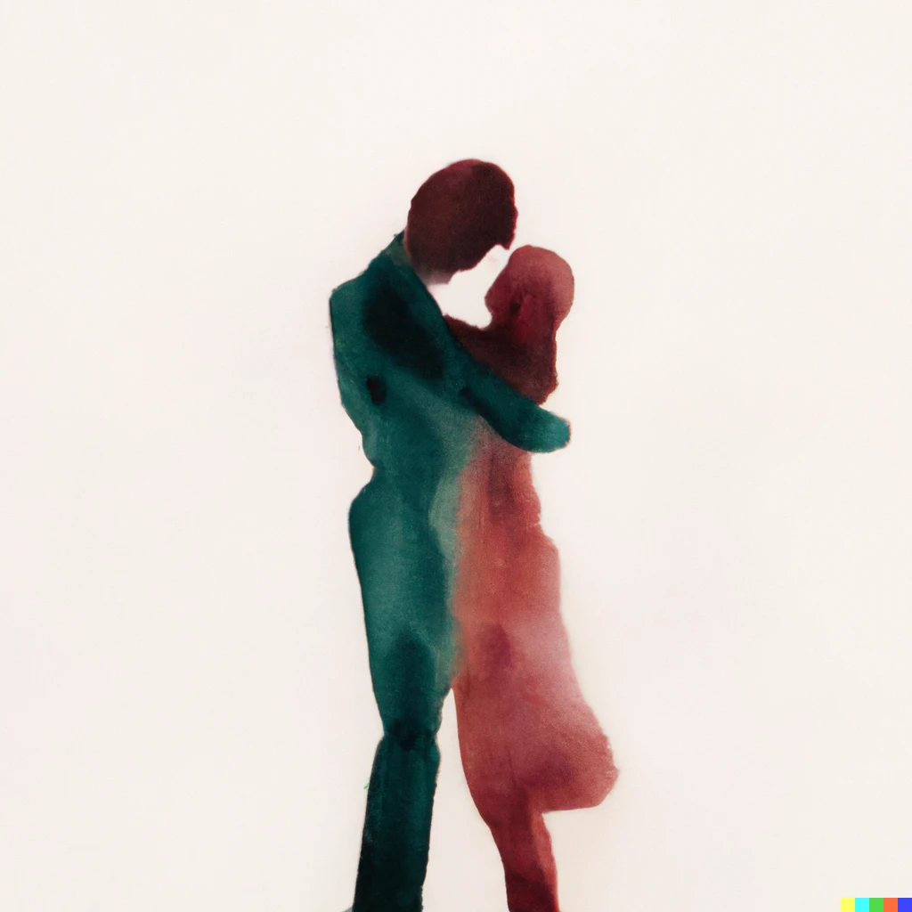 Prompt: Watercolor painting of the silhouette of a standing couple hugging