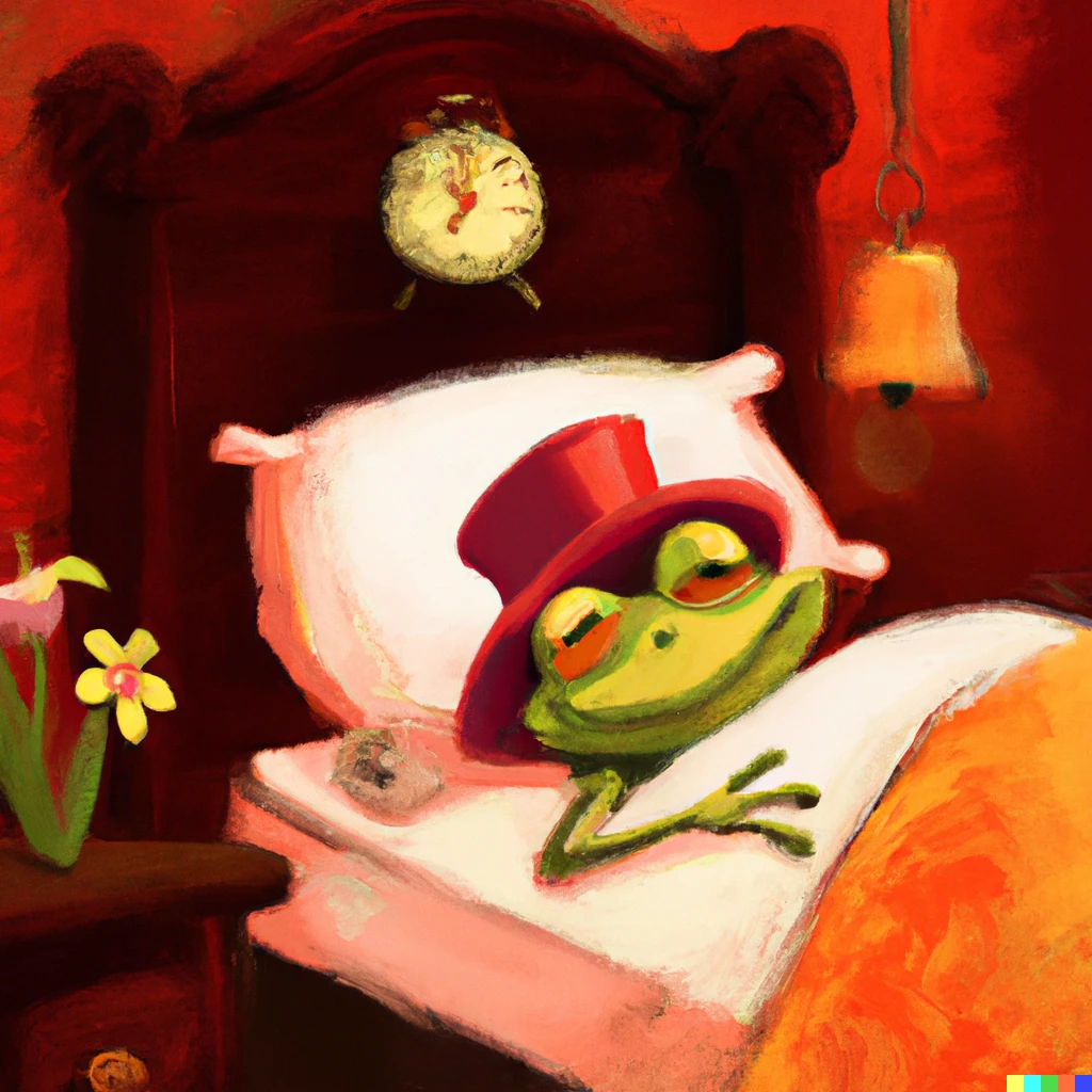 Prompt: A happy frog in a red hat, sleeping under sheets colored orange with a flower pattern and an alarm clock on her bedside, digital art