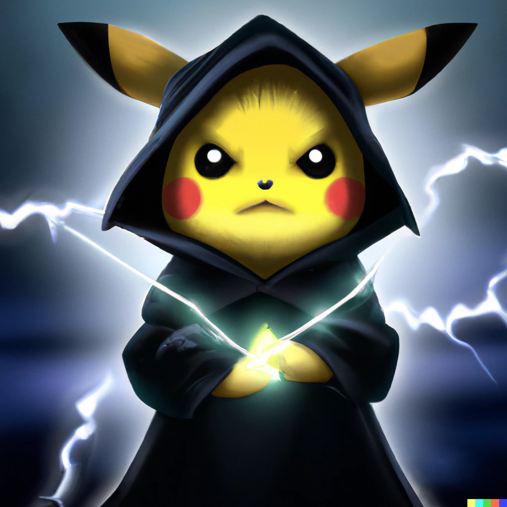 Prompt: Realistic illustration of Pikachu as a Sith Master with dark cloak with lightning background
