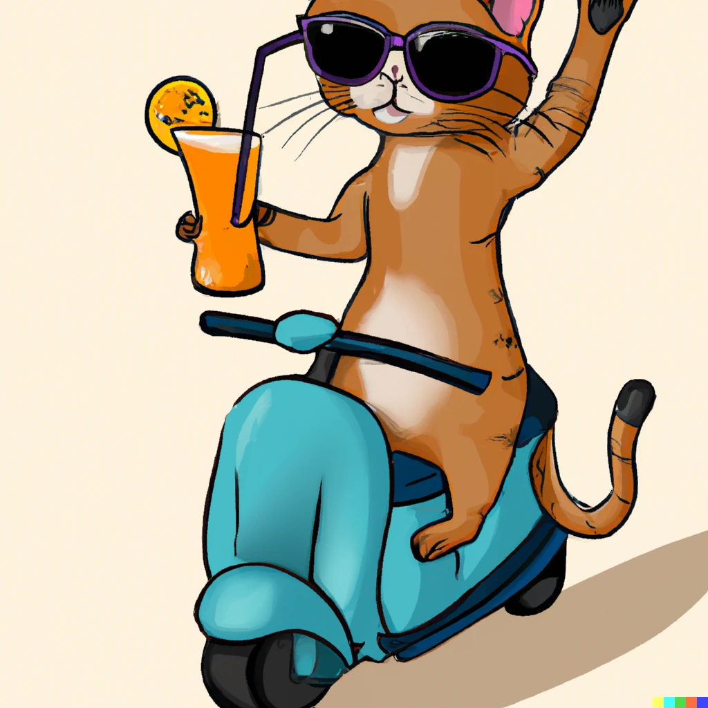 Prompt: A cat riding a scooter with a cocktail and sunglasses