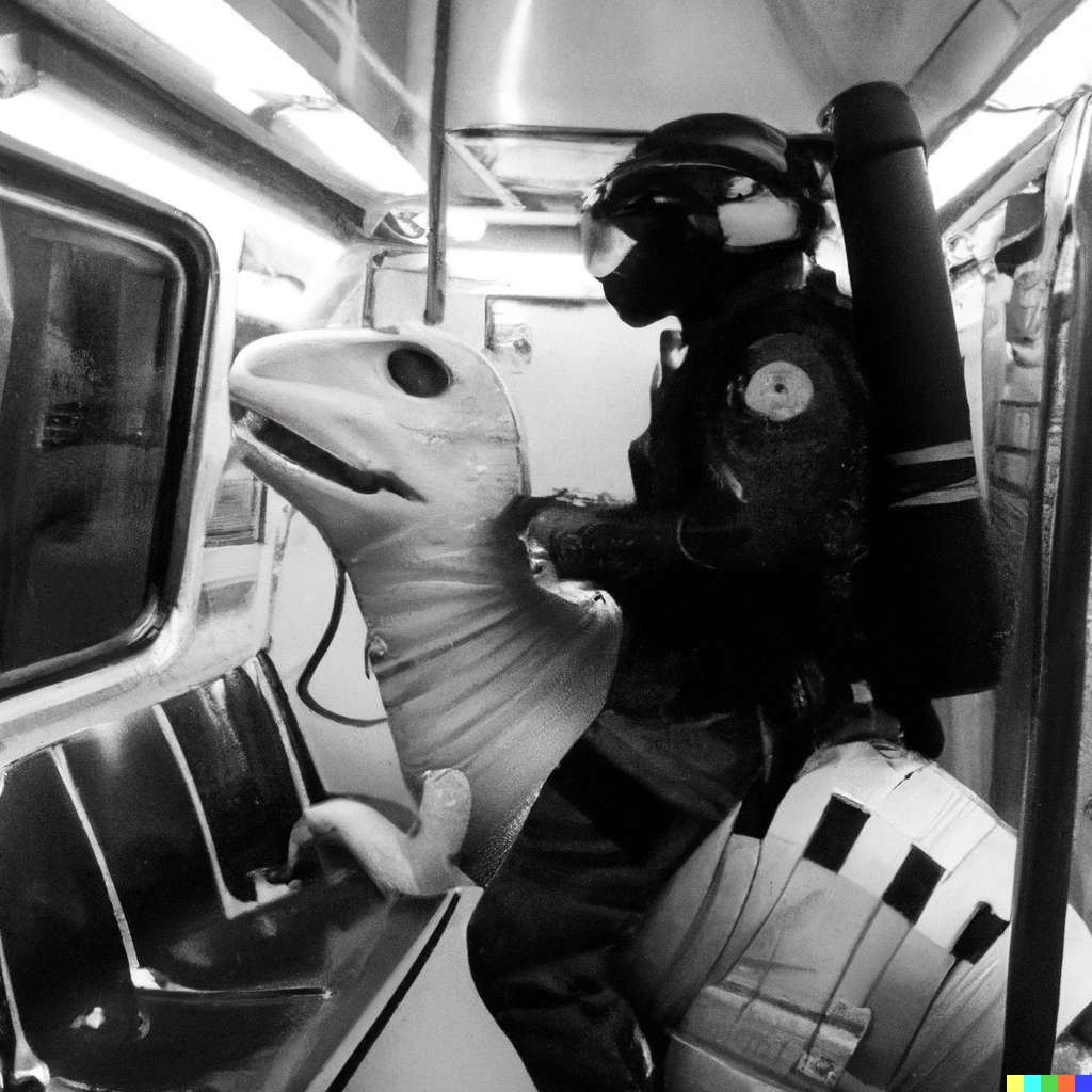 Prompt: black and white picture of an astronaut riding a dinosaur through the new york subway