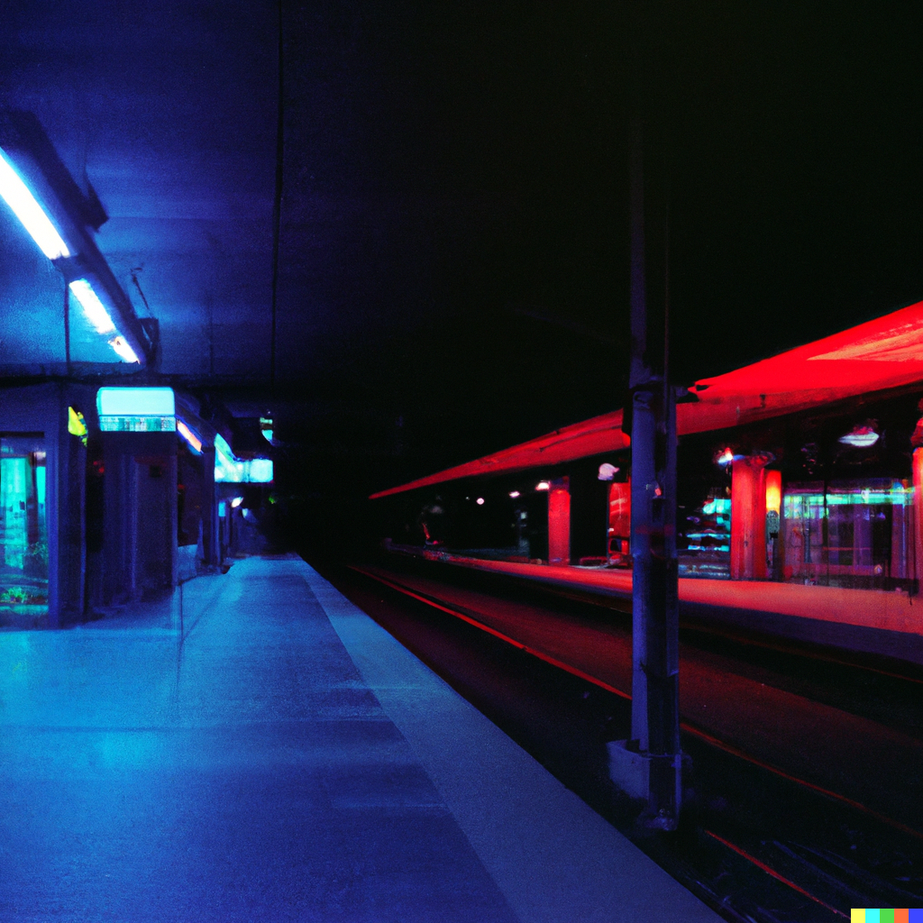 Tom × DALL·E 2 | Night time train station platform neon light ...