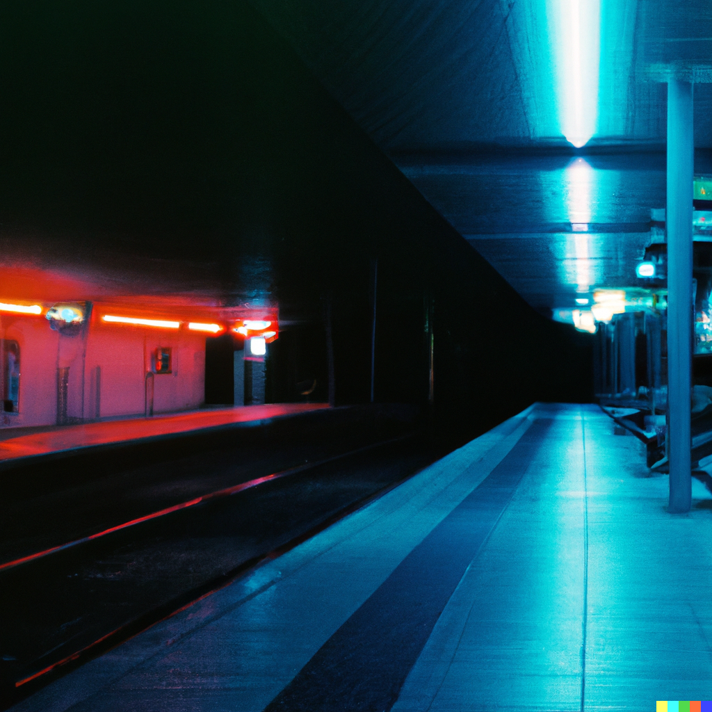 Tom × DALL·E 2 | Night time train station platform neon light ...