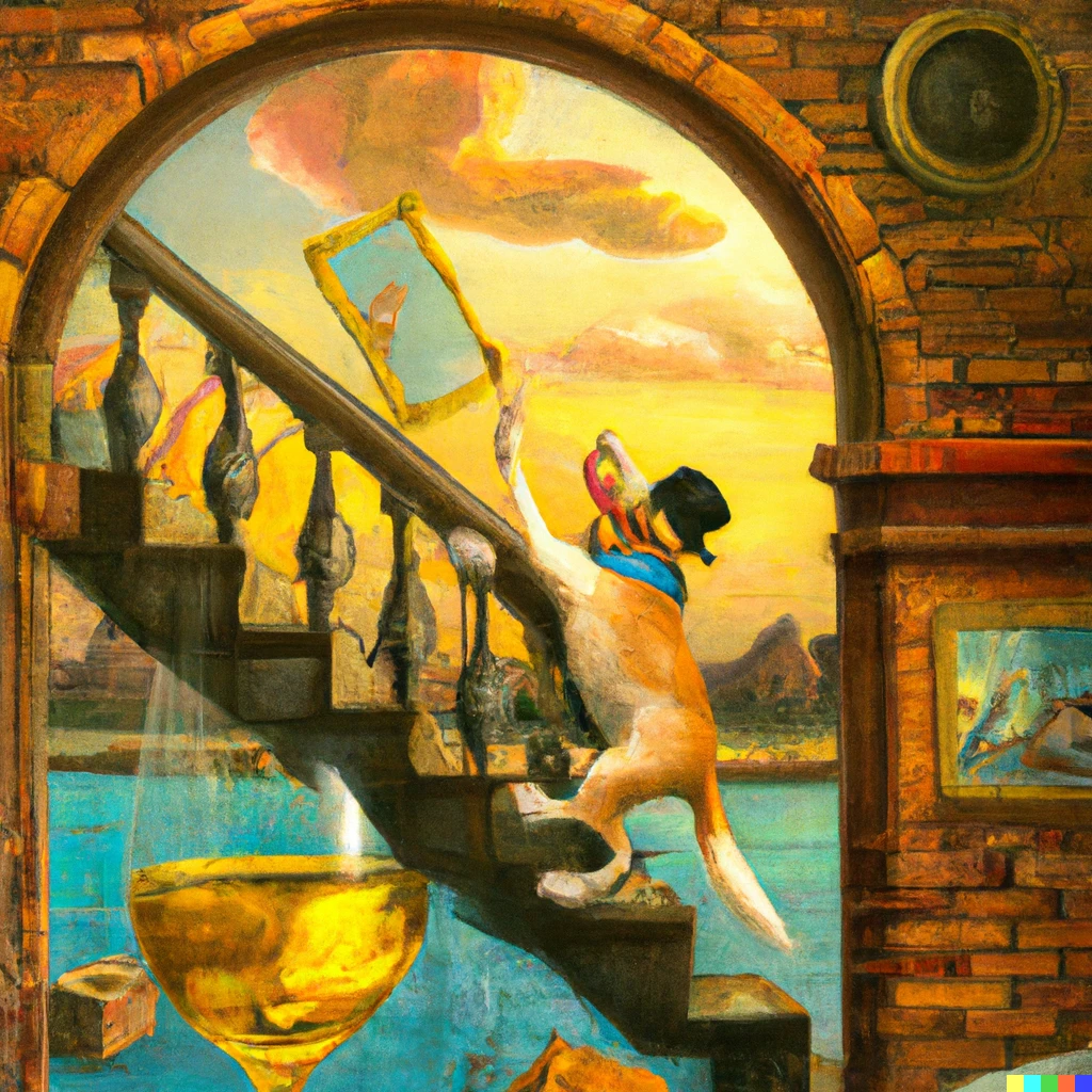 Prompt: Surrealist painting of Scrooge McDuck diving into a golden pit of dogecoins. The walls of the vault are hundreds of feet tall with a beautiful golden sunset seen through the glass roof. A doge dog with a. Monocle holding a glass of champagne looks on from the balcony halfway up the walls.