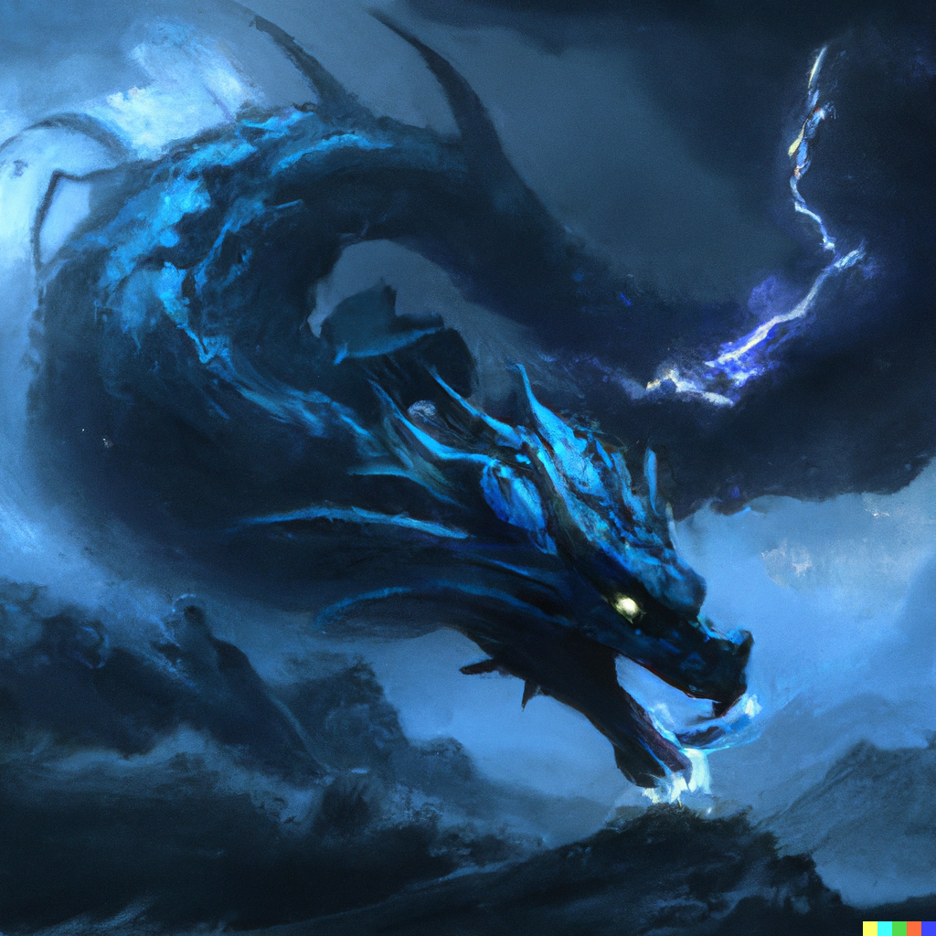 James × DALL·E 2 | a serpentine blue dragon emerging from a ...