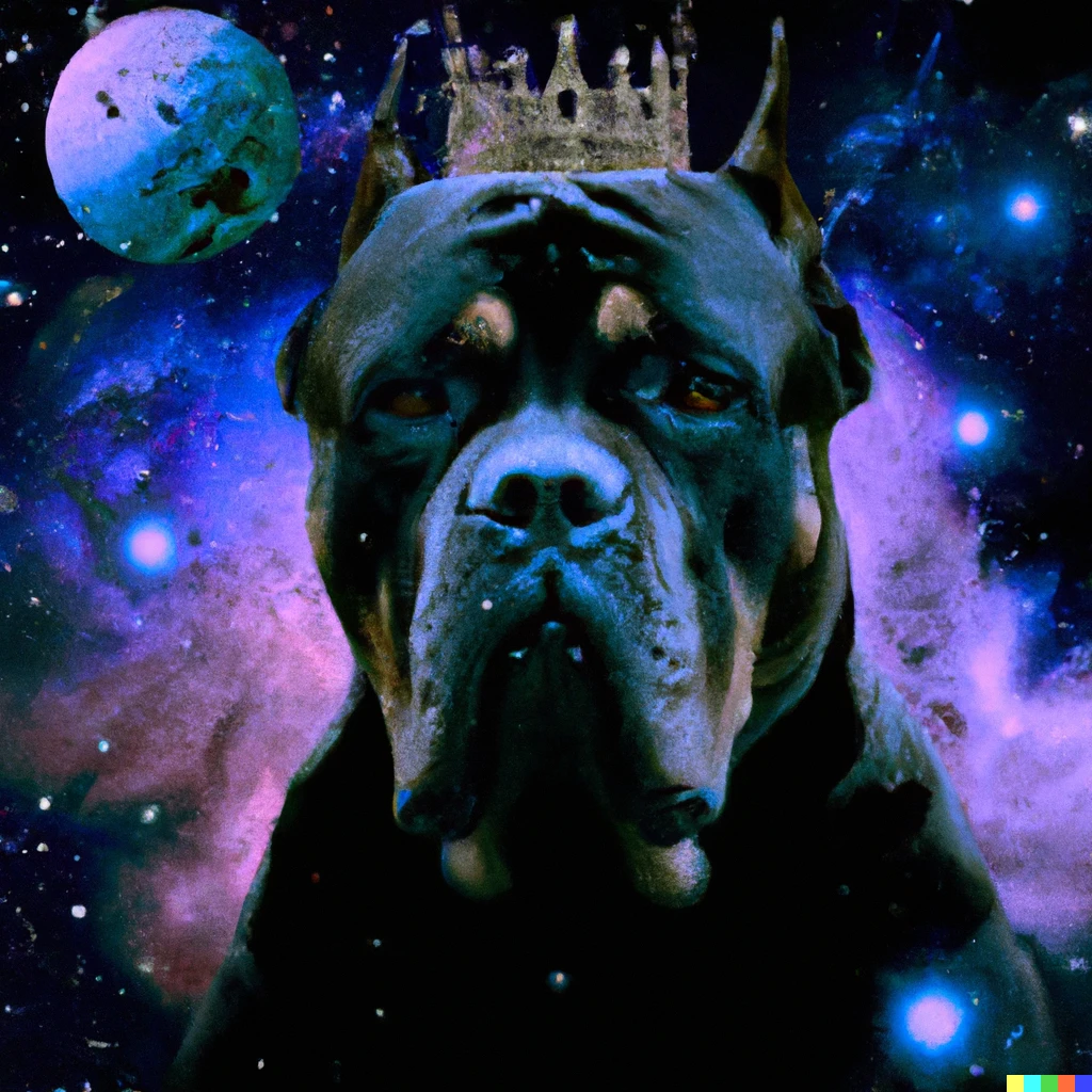 Prompt: Cane Corso with a crown Biggie Smalls style, galaxy in the background, digital art | 170