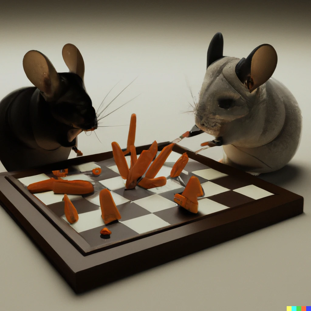 Prompt: A 3d render of two chinchillas playing chess at a table, the chess pieces are made from carrots and raisins 