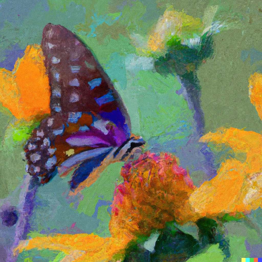 Prompt: Beauties at the Shakespeare Garden while waiting for the no-show hummingbird last Sunday: monarch, eastern comma, silver spotted skipper, and a great blue, cubist art style painting 