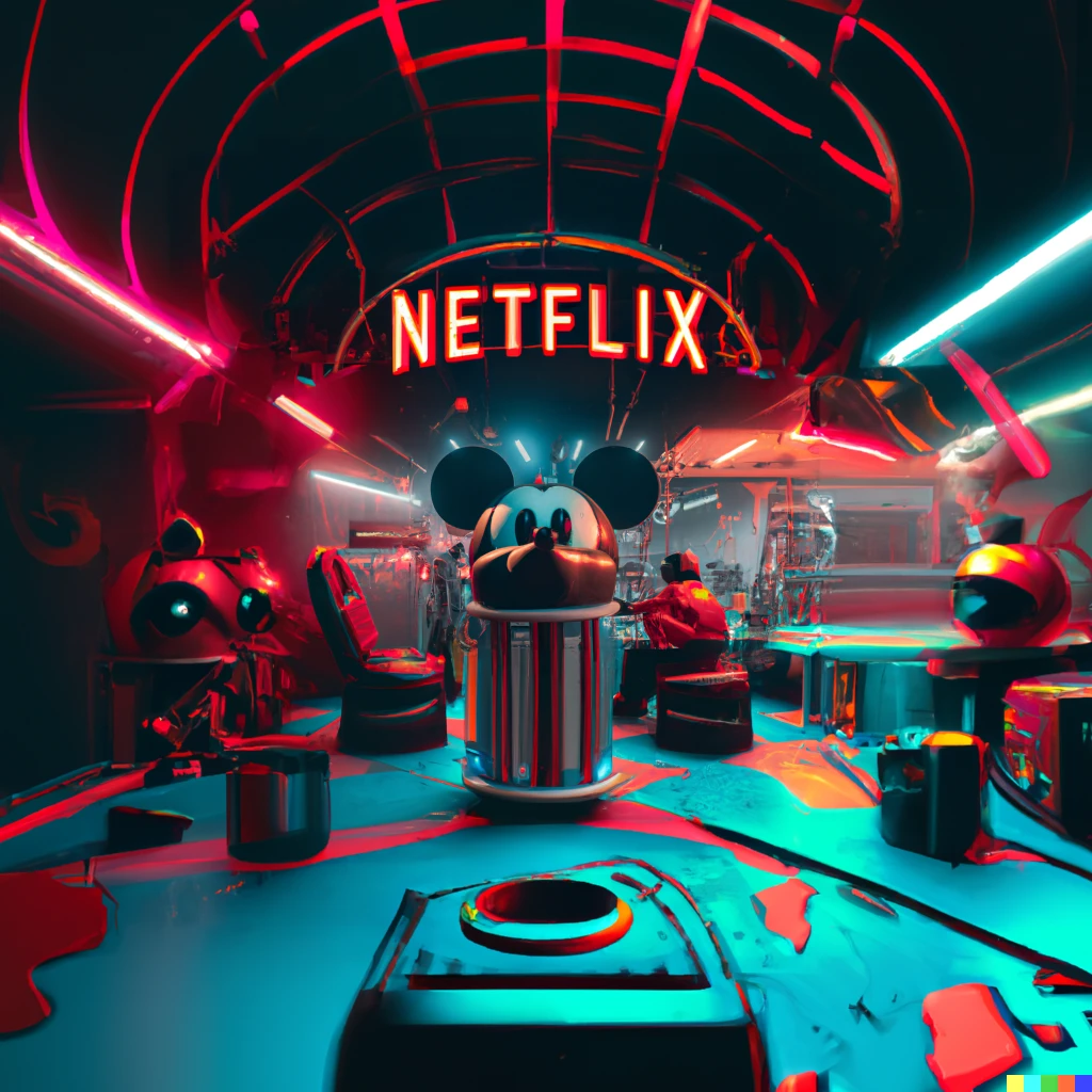 Prompt: An establishing shot of a giant Mickey Mouse head in a dark futuristic mechanic shop. Several mechanics in red space suits and black helmets are repairing the mickey mouse head. There is a giant neon red Netflix, inc logo on the back wall.Photograph. LEDs, Red Neon Lights, Hyper-realistic, 4K, HD