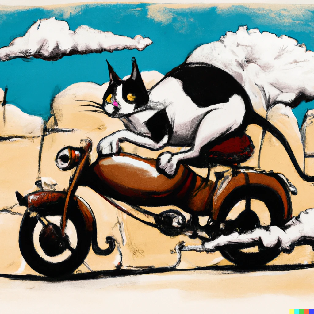Prompt: Salvador Dali style painting of a cat riding a motorcycle