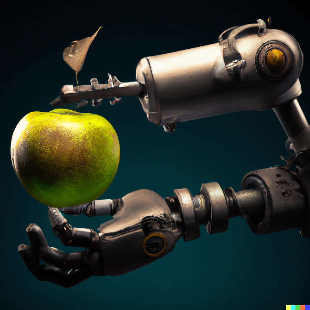 Prompt: Robotic arm holding a green apple steampunk
