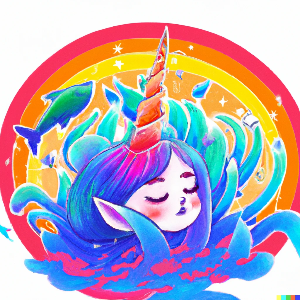 Prompt: A mermiad with unicorn horn in a rainbow sea