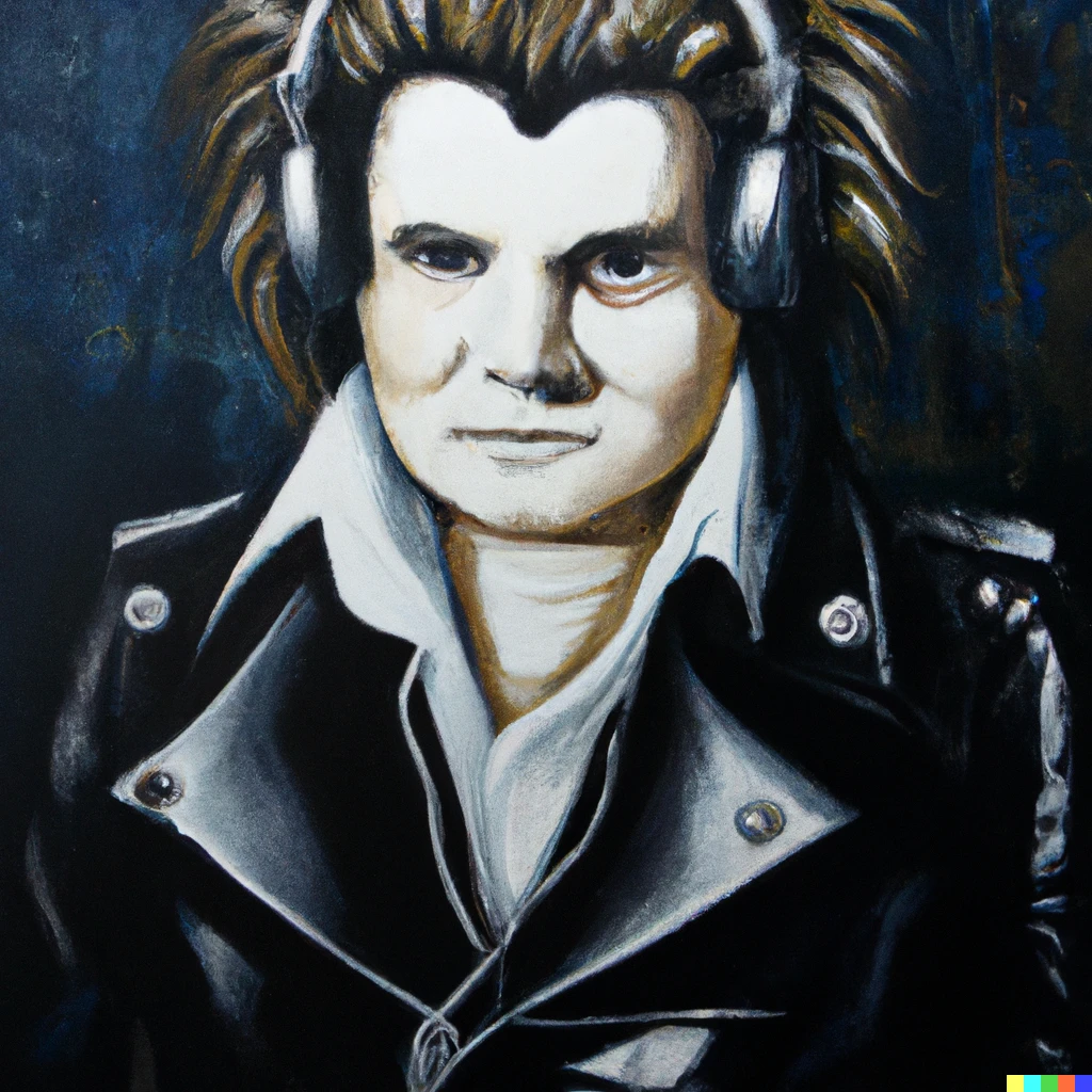 Prompt: An oil painting of Beethoven as a DJ with leather jacket  