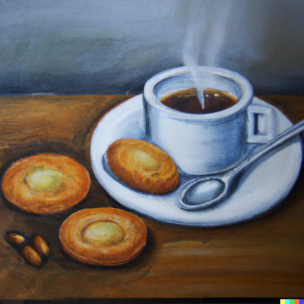 Prompt: a white cup of hot coffee and three cookies, all over a wooden table, oil painting