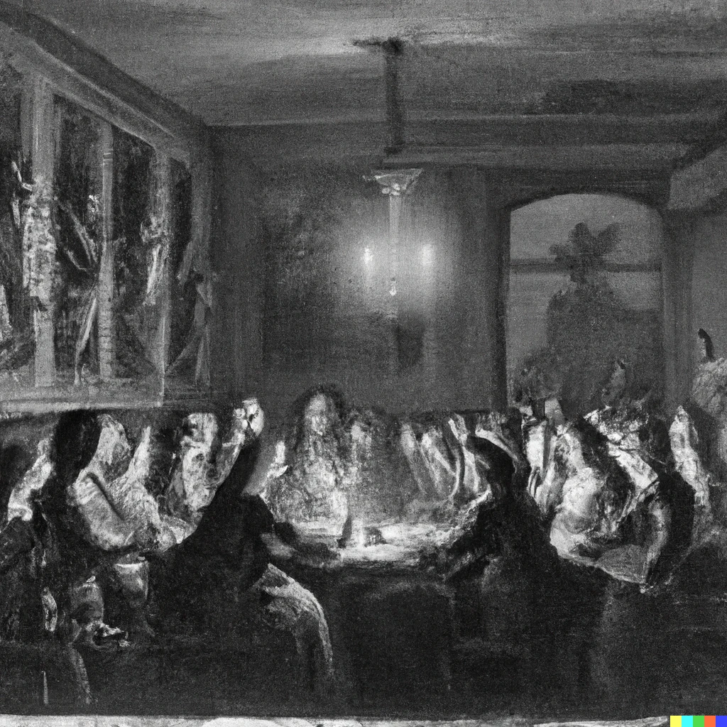 Prompt: Goya etching of a contenious faculty meeting in a conference room lit by candles