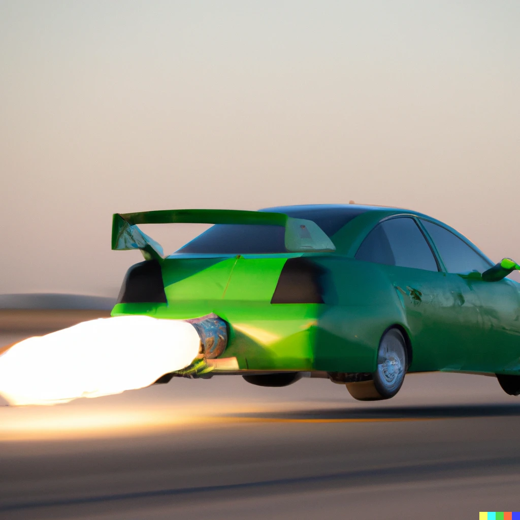 Prompt: Jet powered toyota prius, afterburner, telephoto lens
