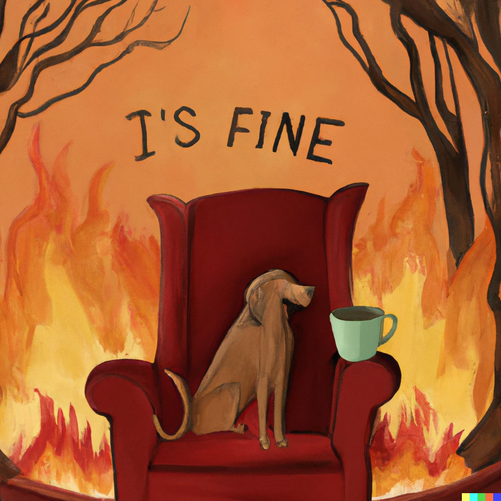 Prompt: a room with tall red flames of fire all around a dog sitting in a chair with a cup of coffee saying "this is fine"