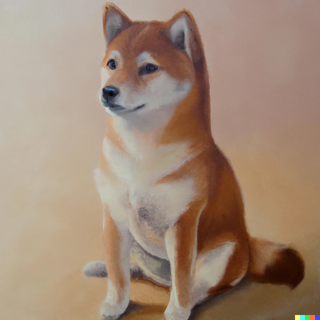 Prompt: A painting of a shiba inu sitting on his side, looking at the front 