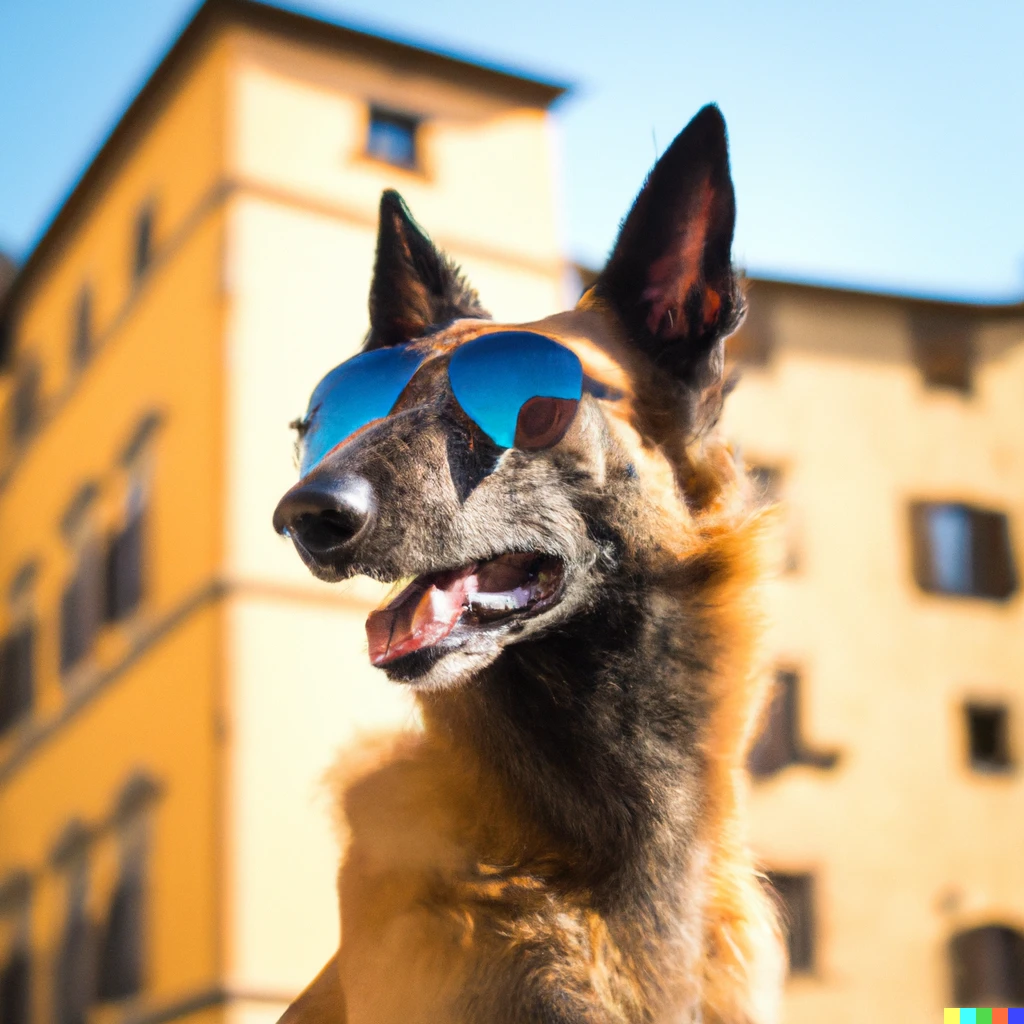 Prompt: a high quality photo of a belgian shepherd wearing sunglasses in Firenze