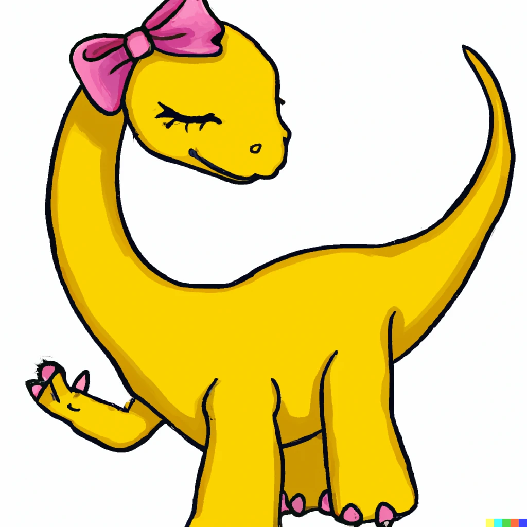 Prompt: A cartoon of the cute yellow slender brachiosaur with pink ribbon on her head