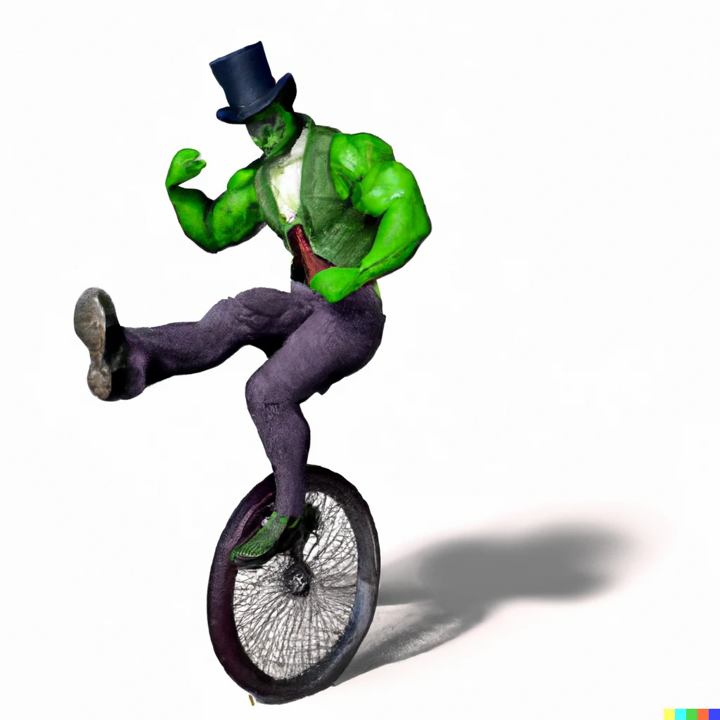 Prompt: photo realistic Hulk riding a unicycle wearing a tophat