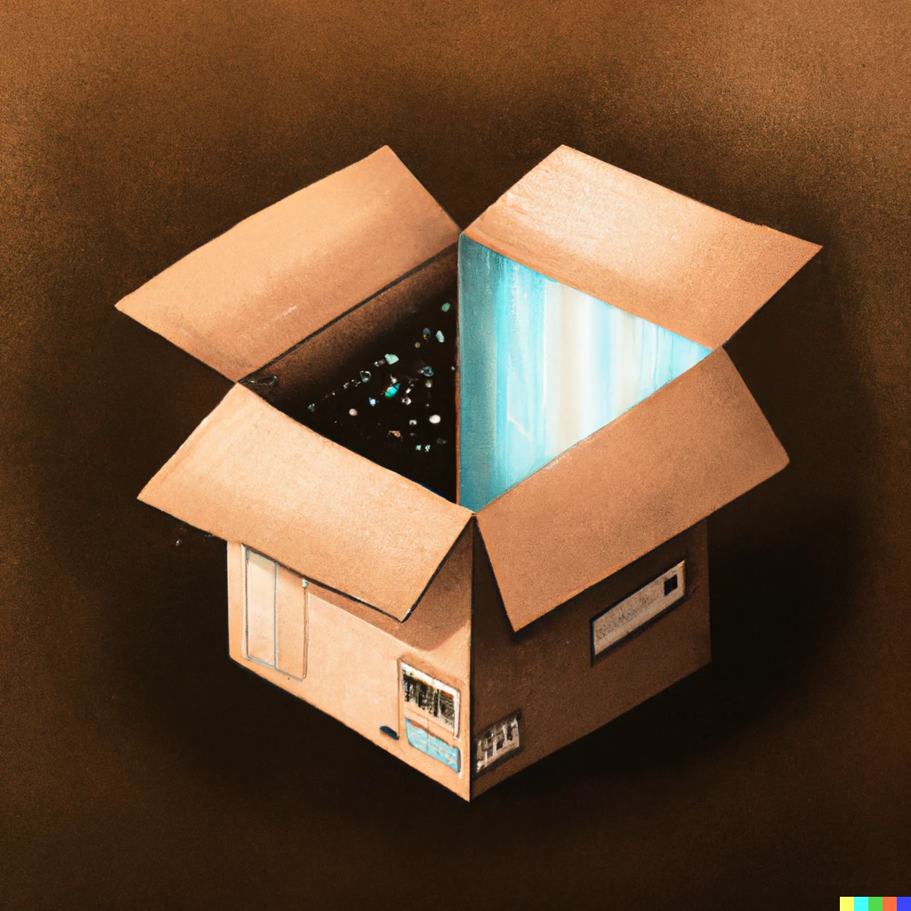 Prompt: An open cardboard box on a table, but the inside of the box is a portal to another world, digital art