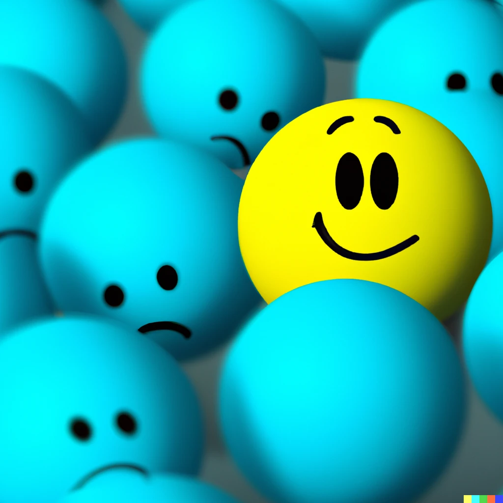 Prompt: "A yellow bouncy ball with a happy face among a crowd of blue bouncy balls with sad faces"