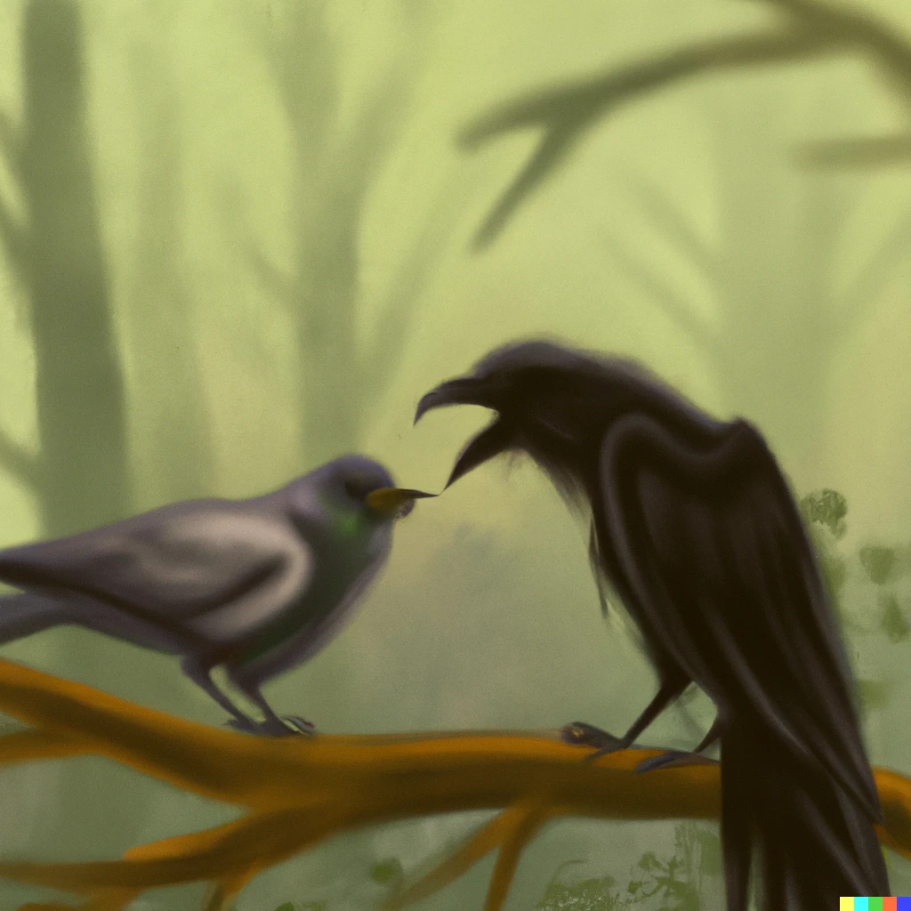 Prompt: A crow screaming at a smaller, annoyed bird on a tree, digital art