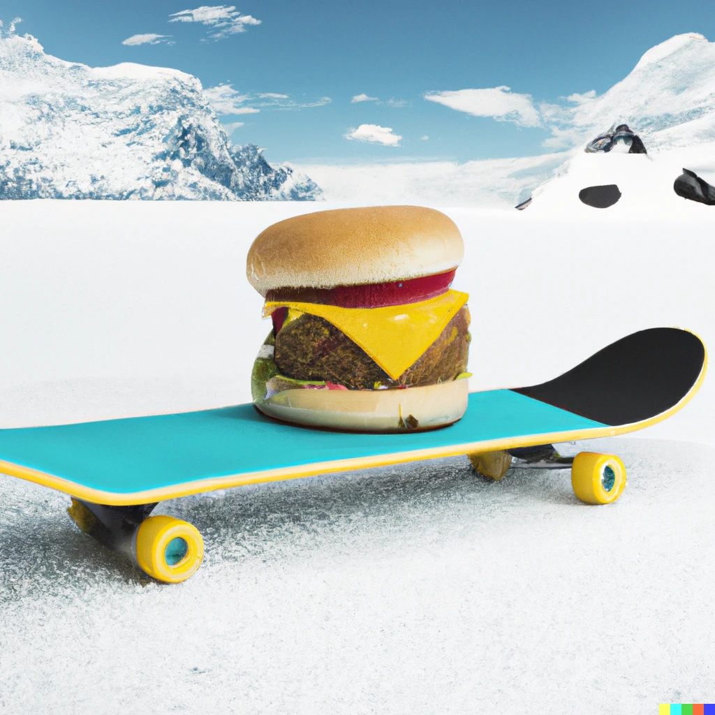 Prompt: A cheeseburger on a skateboard in Antarctica 