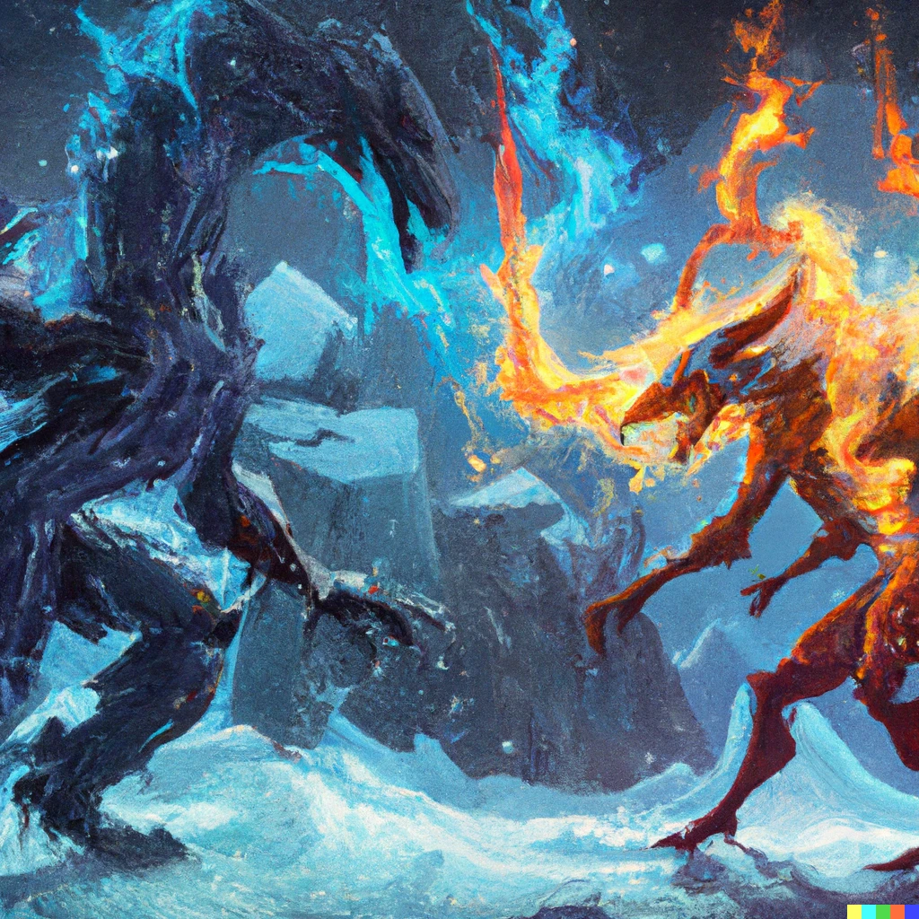 Prompt: A fire elemental and an ice elemental having an epic battle, digital art 