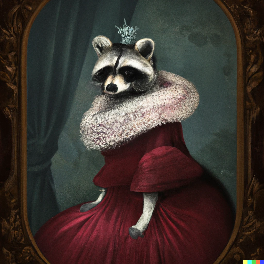 Prompt: A majestic oil painting of a raccoon Queen wearing red French royal gown. The painting is hanging on an ornate wall decorated with wallpaper.