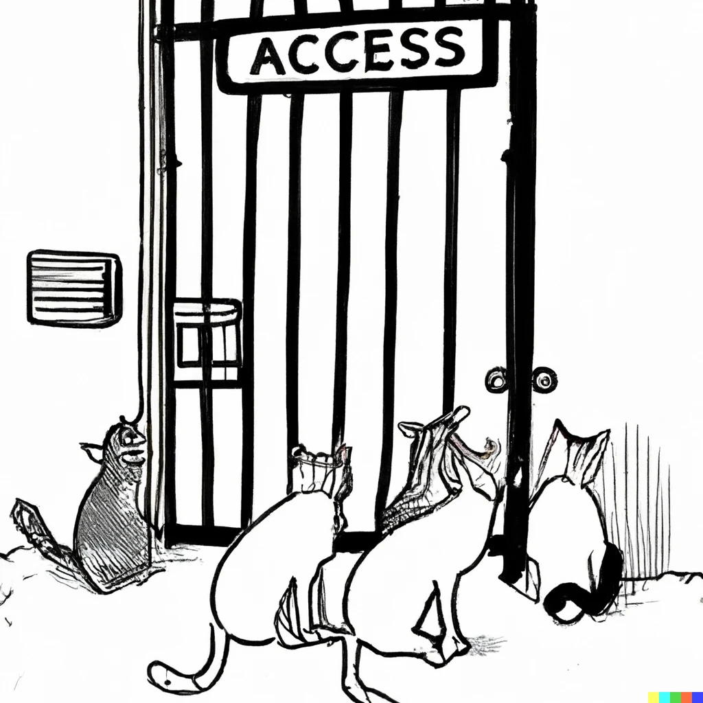 Prompt: Cartoon of a gate labeled "ACCESS," with cat bodyguards guarding it from a group of angry cats wanting to get in