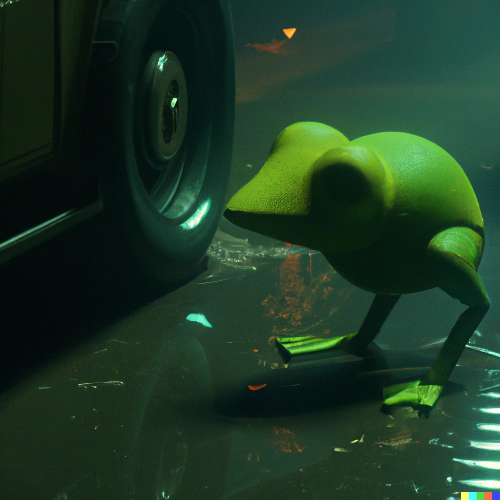 Prompt: A still of Kermit The Frog in Blade Runner 2049